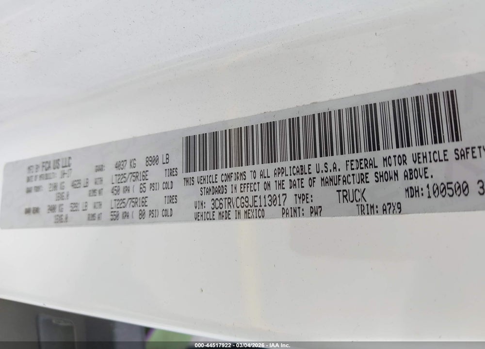 2018 RAM PROMASTER 2500 HIGH ROOF 136 WB VIN: 3C6TRVCG9JE113017