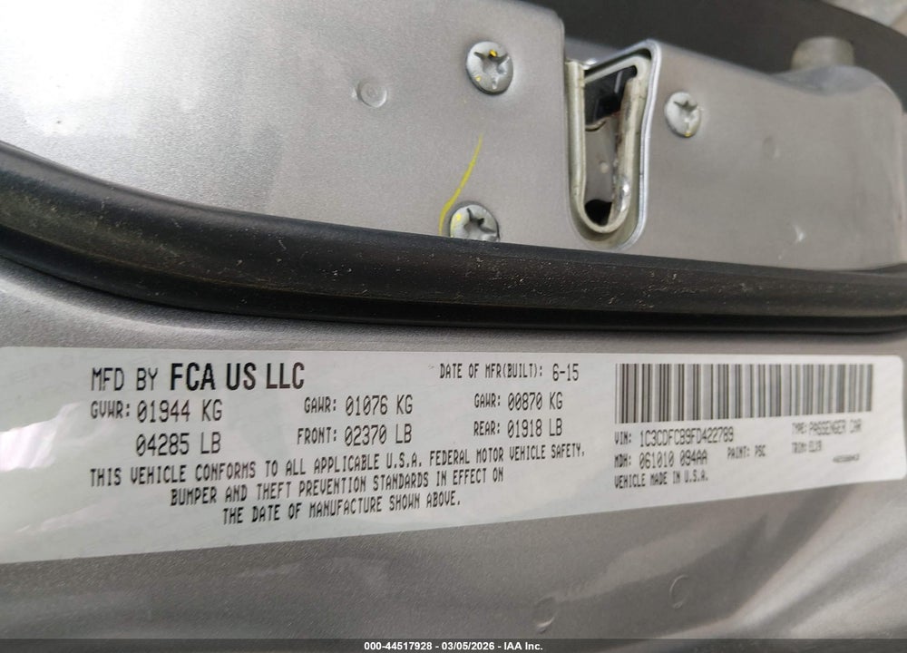 2015 DODGE DART LIMITED VIN: 1C3CDFCB9FD422789