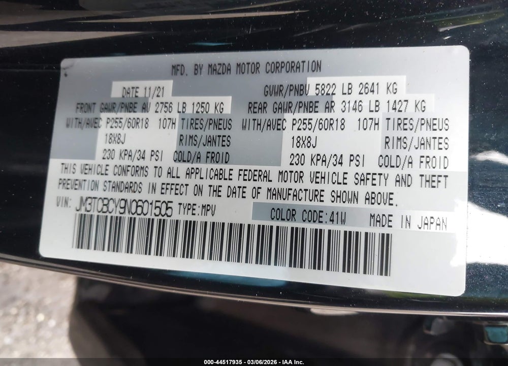 2022 MAZDA CX-9 TOURING VIN: JM3TCBCY9N0601505