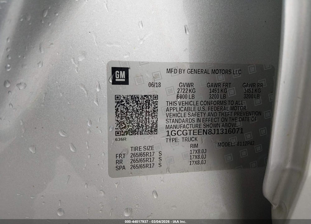 2018 CHEVROLET COLORADO ZR2 VIN: 1GCGTEEN8J1316071
