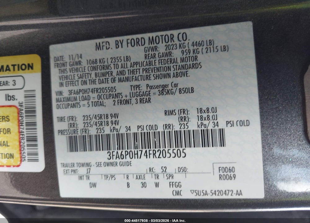 2015 FORD FUSION SE VIN: 3FA6P0H74FR205505