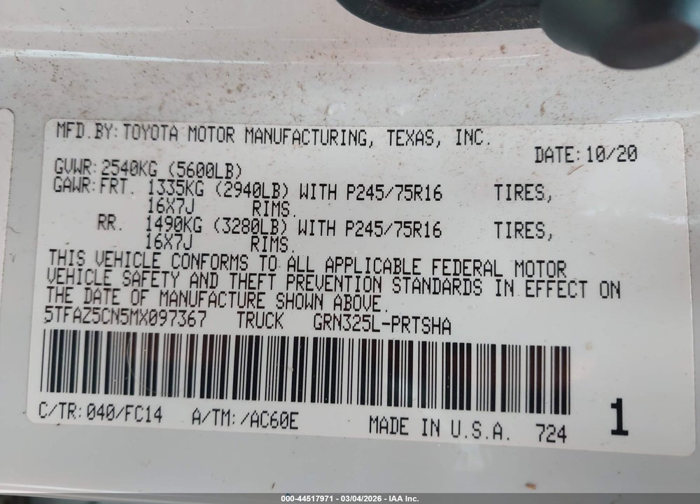 2021 TOYOTA TACOMA SR5 V6 VIN: 5TFAZ5CN5MX097367