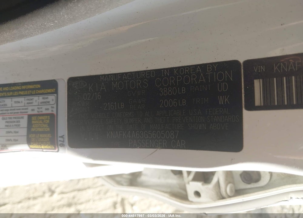 2016 KIA FORTE LX VIN: KNAFK4A63G5605087