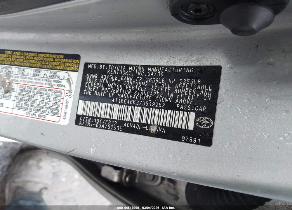 2007 TOYOTA CAMRY LE VIN: 4T1BE46K37U519262