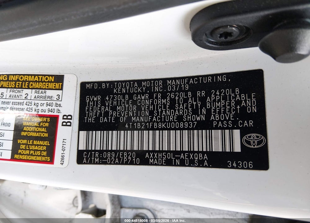 2019 TOYOTA AVALON HYBRID XSE VIN: 4T1B21FB8KU008937