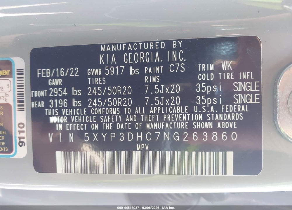 2022 KIA TELLURIDE EX VIN: 5XYP3DHC7NG263860