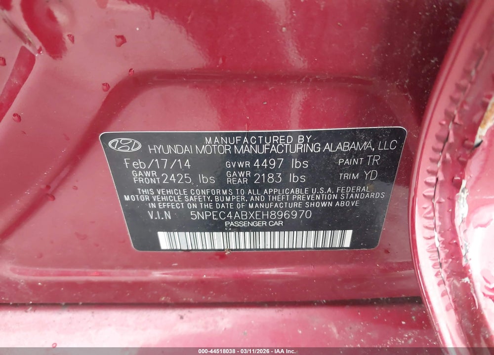 2014 HYUNDAI SONATA LIMITED 2.0T VIN: 5NPEC4ABXEH896970