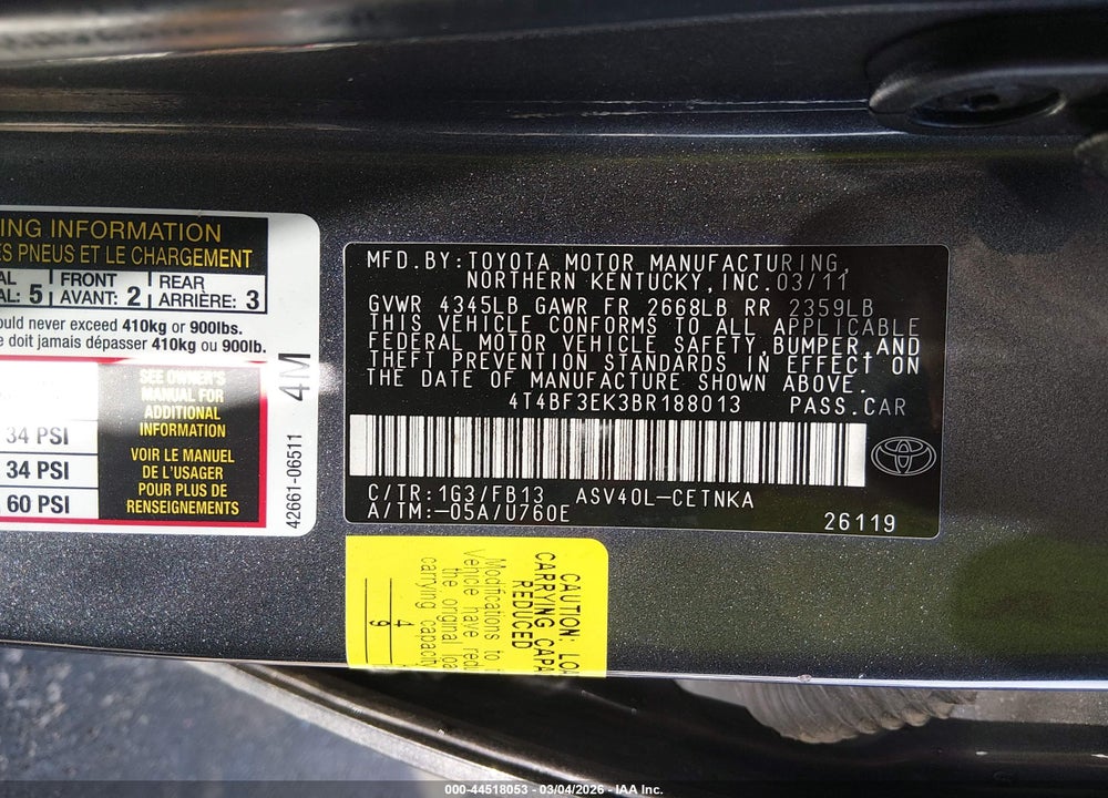 2011 TOYOTA CAMRY LE VIN: 4T4BF3EK3BR188013