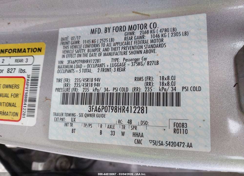 2017 FORD FUSION SE VIN: 3FA6P0T98HR412281