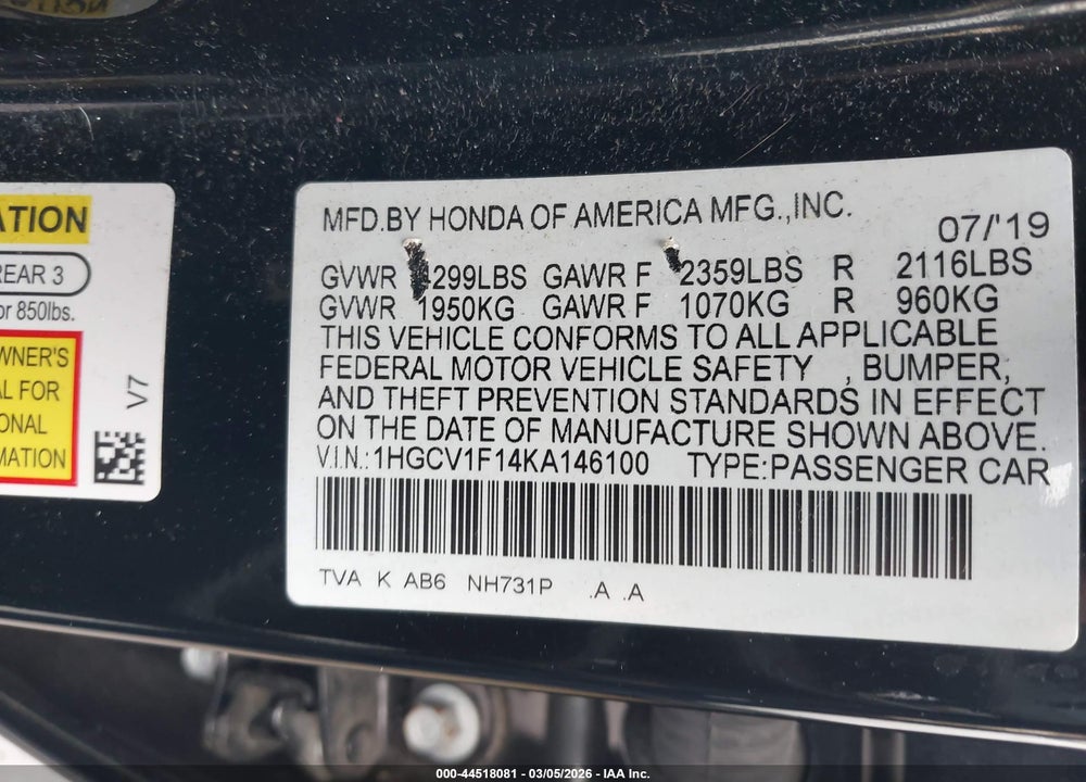 2019 HONDA ACCORD LX VIN: 1HGCV1F14KA146100