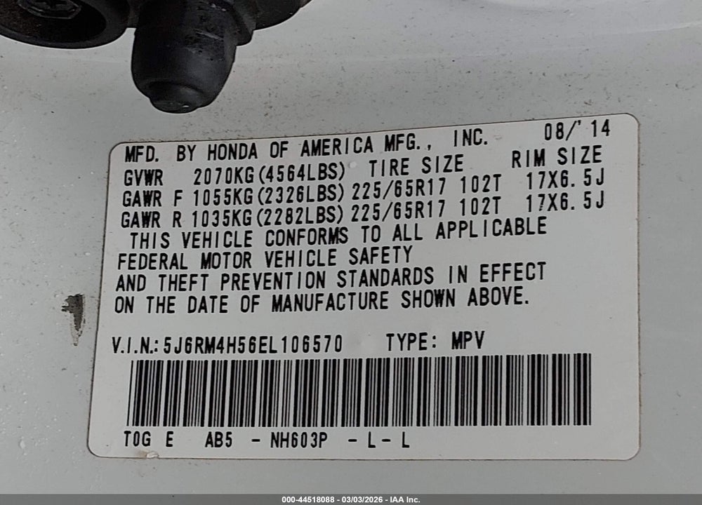 2014 HONDA CR-V EX VIN: 5J6RM4H56EL106570