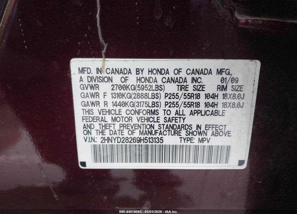 2009 ACURA MDX VIN: 2HNYD28269H513135