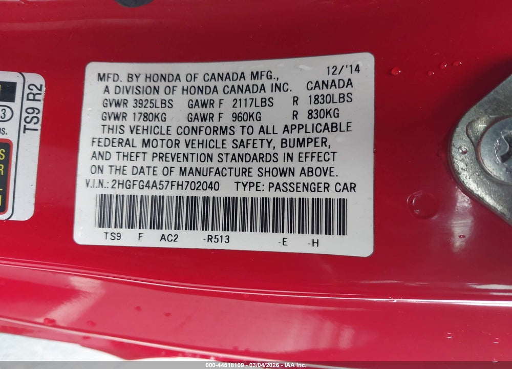 2015 HONDA CIVIC SI VIN: 2HGFG4A57FH702040