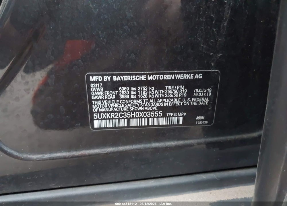 2017 BMW X5 SDRIVE35I VIN: 5UXKR2C35H0X03555