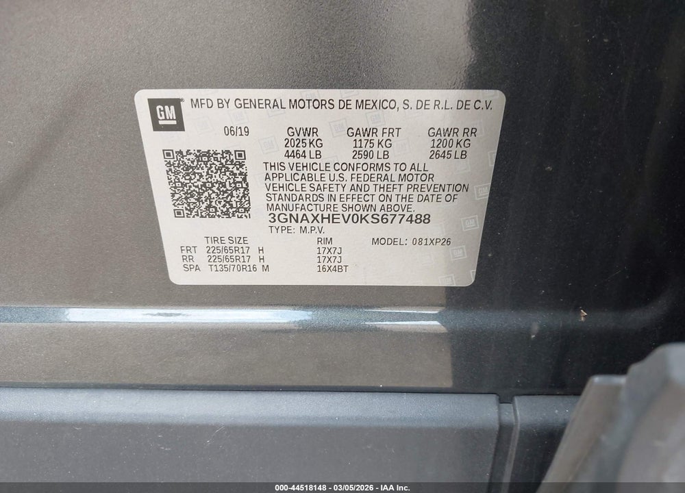 2019 CHEVROLET EQUINOX LS VIN: 3GNAXHEV0KS677488