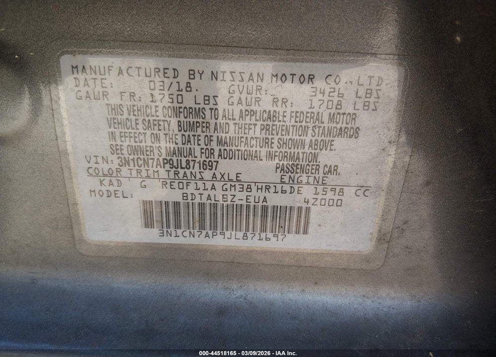2018 NISSAN VERSA 1.6 SV VIN: 3N1CN7AP9JL871697