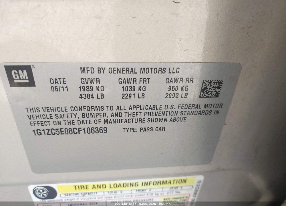 2012 CHEVROLET MALIBU 1LT VIN: 1G1ZC5E08CF106369