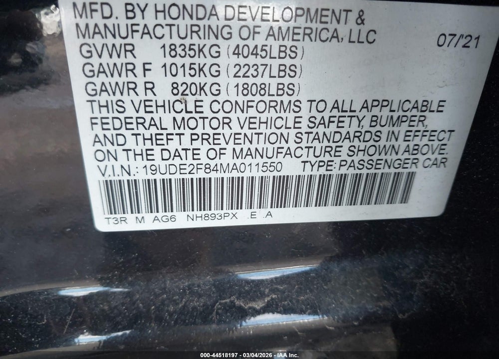 2021 ACURA ILX PREMIUM   A-SPEC PACKAGES/TECHNOLOGY   A-SPEC PACKAGES VIN: 19UDE2F84MA011550