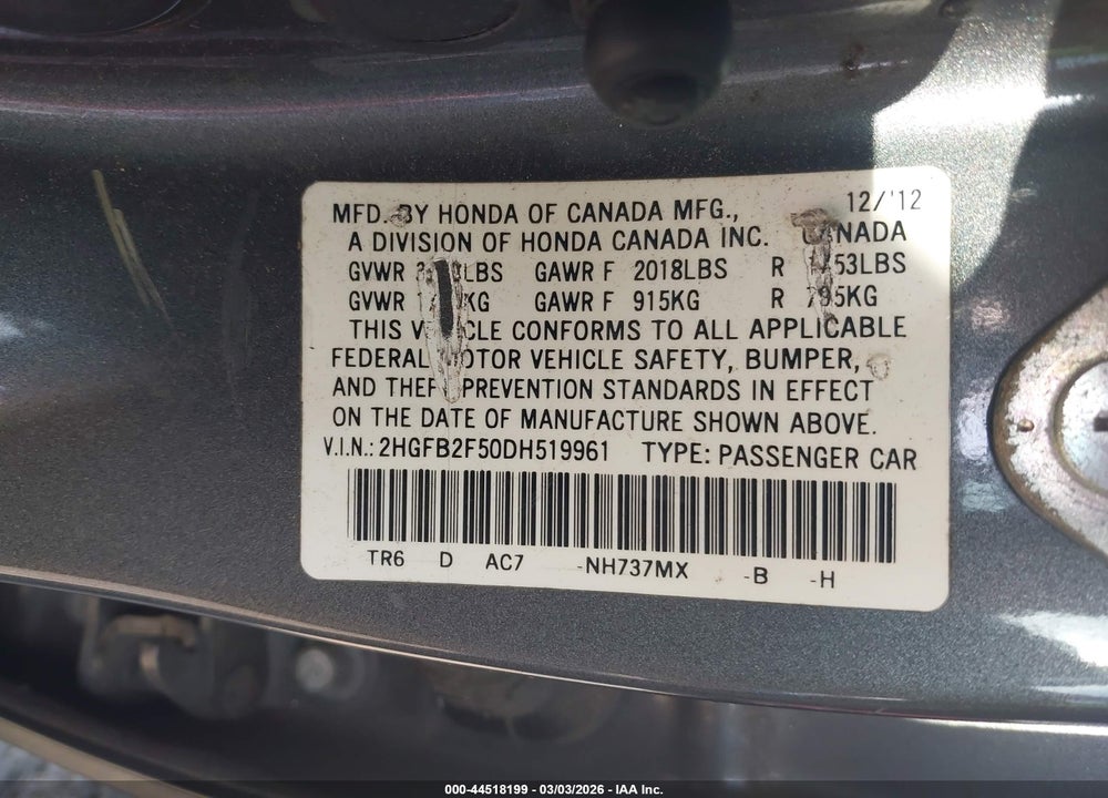 2013 HONDA CIVIC LX VIN: 2HGFB2F50DH519961