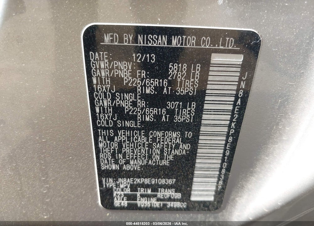 2014 NISSAN QUEST SV VIN: JN8AE2KP8E9108367