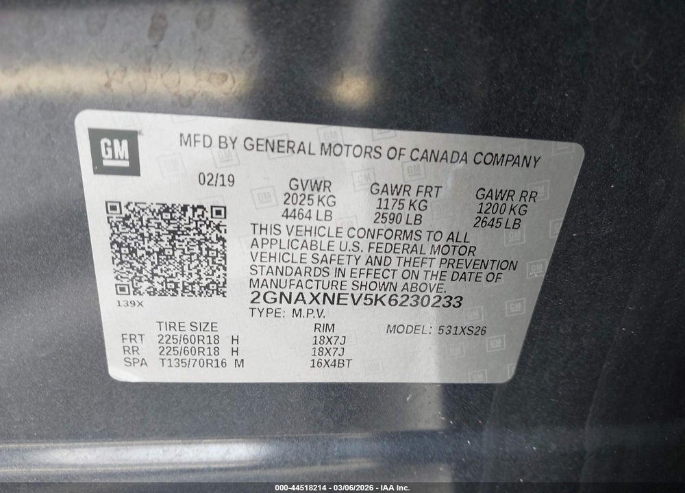 2019 CHEVROLET EQUINOX PREMIER VIN: 2GNAXNEV5K6230233
