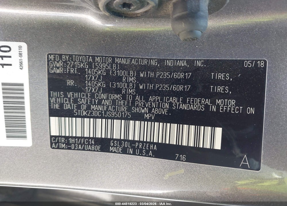 2018 TOYOTA SIENNA LE 8 PASSENGER VIN: 5TDKZ3DC1JS950175
