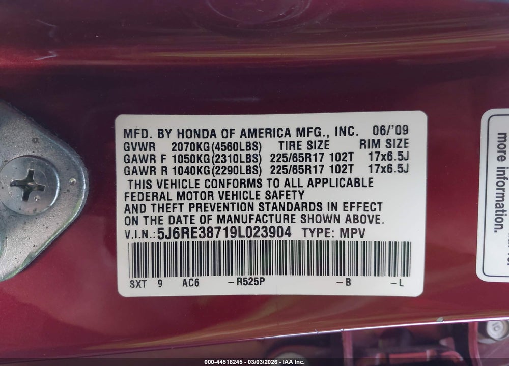 2009 HONDA CR-V EX-L VIN: 5J6RE38719L023904