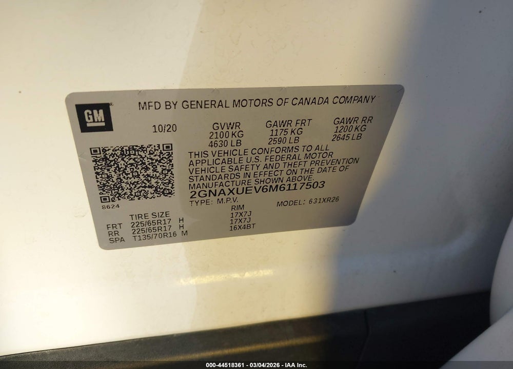 2021 CHEVROLET EQUINOX AWD LT VIN: 2GNAXUEV6M6117503