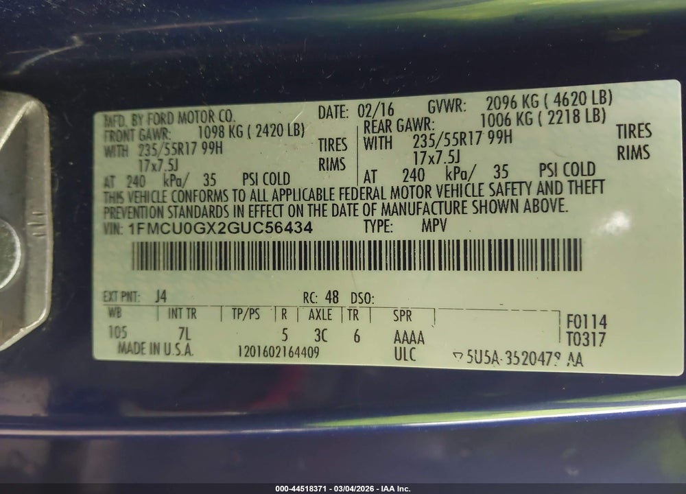 2016 FORD ESCAPE SE VIN: 1FMCU0GX2GUC56434