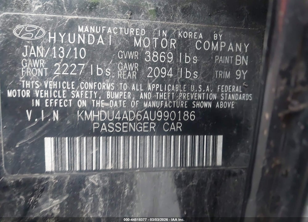 2010 HYUNDAI ELANTRA GLS VIN: KMHDU4AD6AU990186