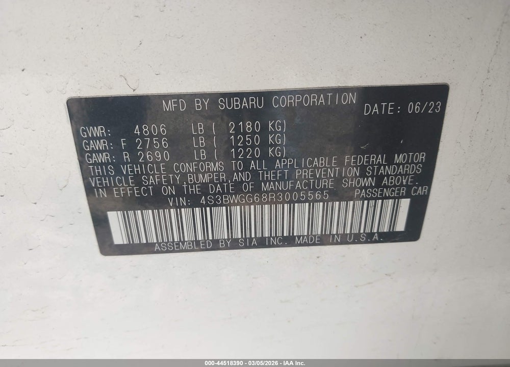 2024 SUBARU LEGACY SPORT VIN: 4S3BWGG68R3005565