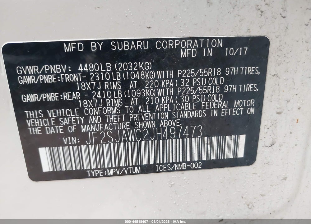 2018 SUBARU FORESTER 2.5I TOURING VIN: JF2SJAWC2JH497473