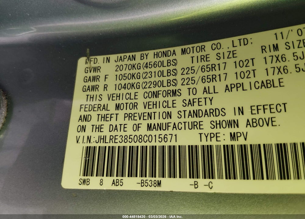 2008 HONDA CR-V EX VIN: JHLRE38508C015671