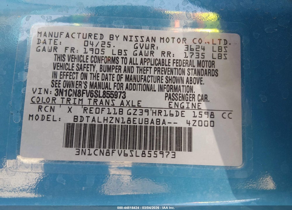 2025 NISSAN VERSA 1.6 SR VIN: 3N1CN8FV6SL855973