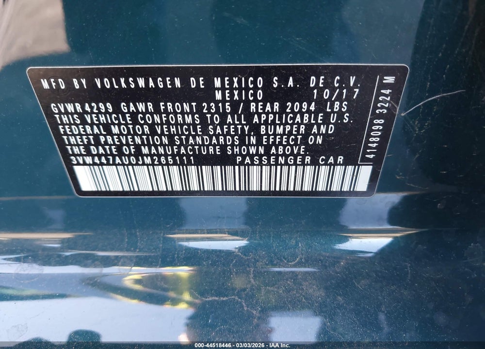 2018 VOLKSWAGEN GOLF GTI 2.0T AUTOBAHN/2.0T S/2.0T SE VIN: 3VW447AU0JM265111