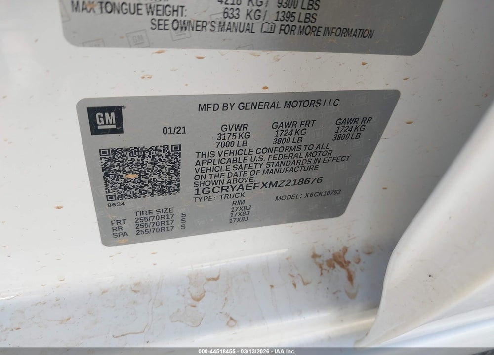 2021 CHEVROLET SILVERADO 1500 4WD  STANDARD BED WT VIN: 1GCRYAEFXMZ218676