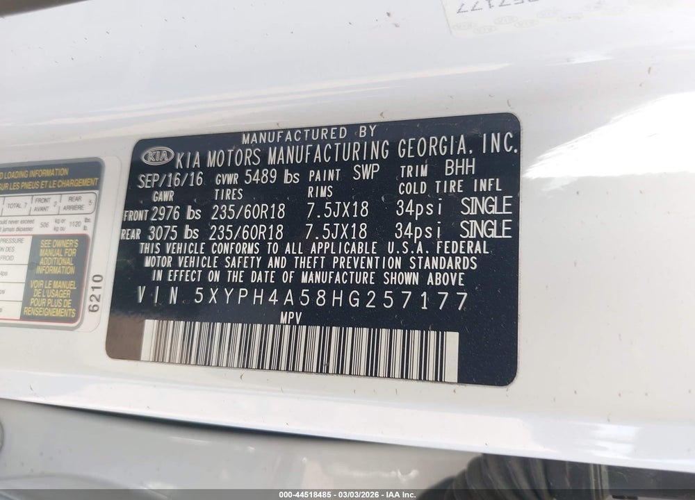 2017 KIA SORENTO 3.3L EX VIN: 5XYPH4A58HG257177