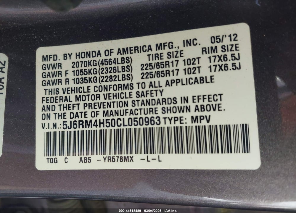2012 HONDA CR-V EX VIN: 5J6RM4H50CL050963