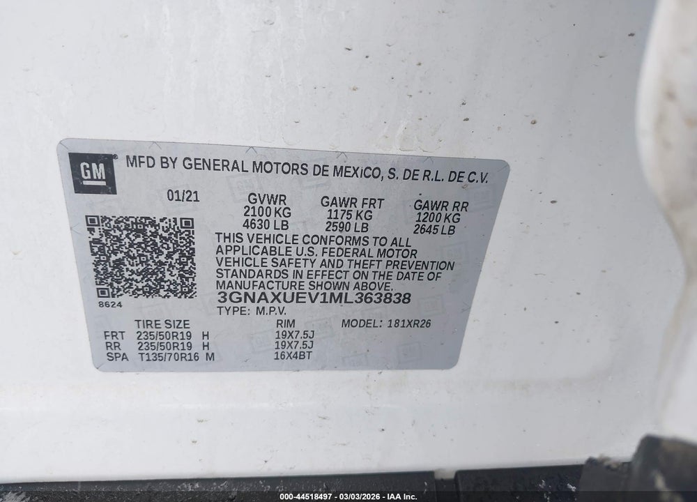2021 CHEVROLET EQUINOX AWD LT VIN: 3GNAXUEV1ML363838