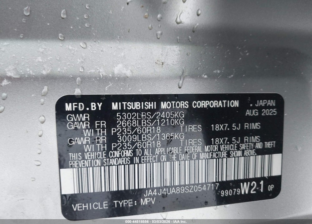2025 MITSUBISHI OUTLANDER ES 2.5 S-AWC VIN: JA4J4UA89SZ054717