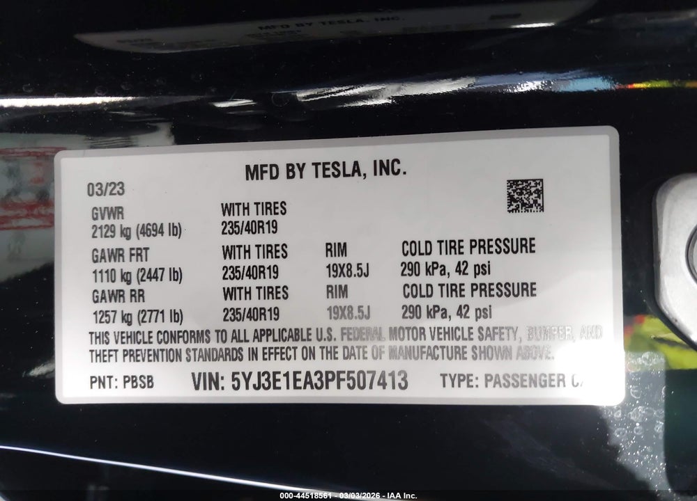 2023 TESLA MODEL 3 REAR-WHEEL DRIVE VIN: 5YJ3E1EA3PF507413