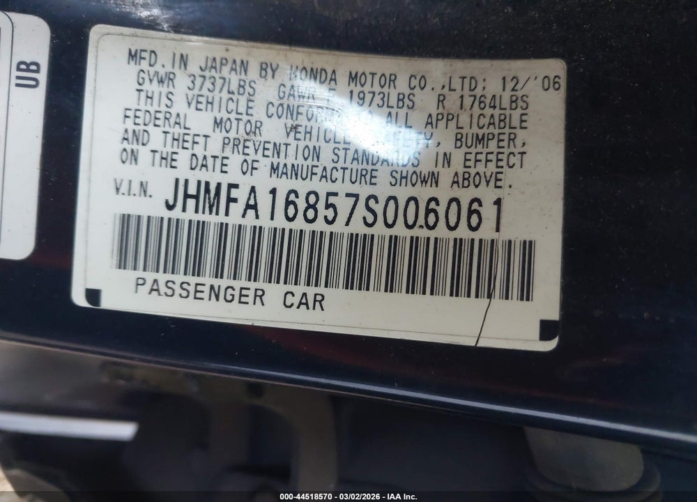 2007 HONDA CIVIC EX VIN: JHMFA16857S006061