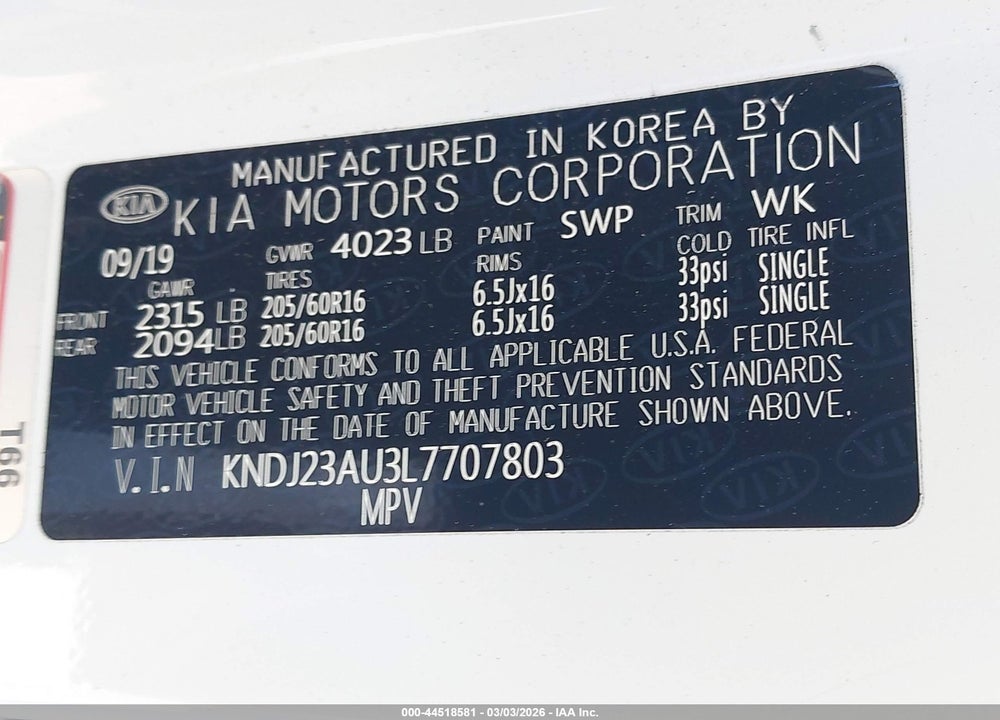 2020 KIA SOUL S VIN: KNDJ23AU3L7707803