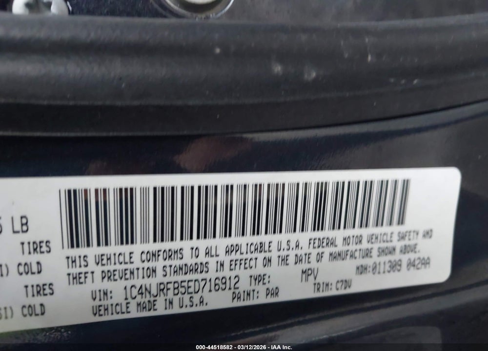 2014 JEEP PATRIOT LATITUDE VIN: 1C4NJRFB5ED716912