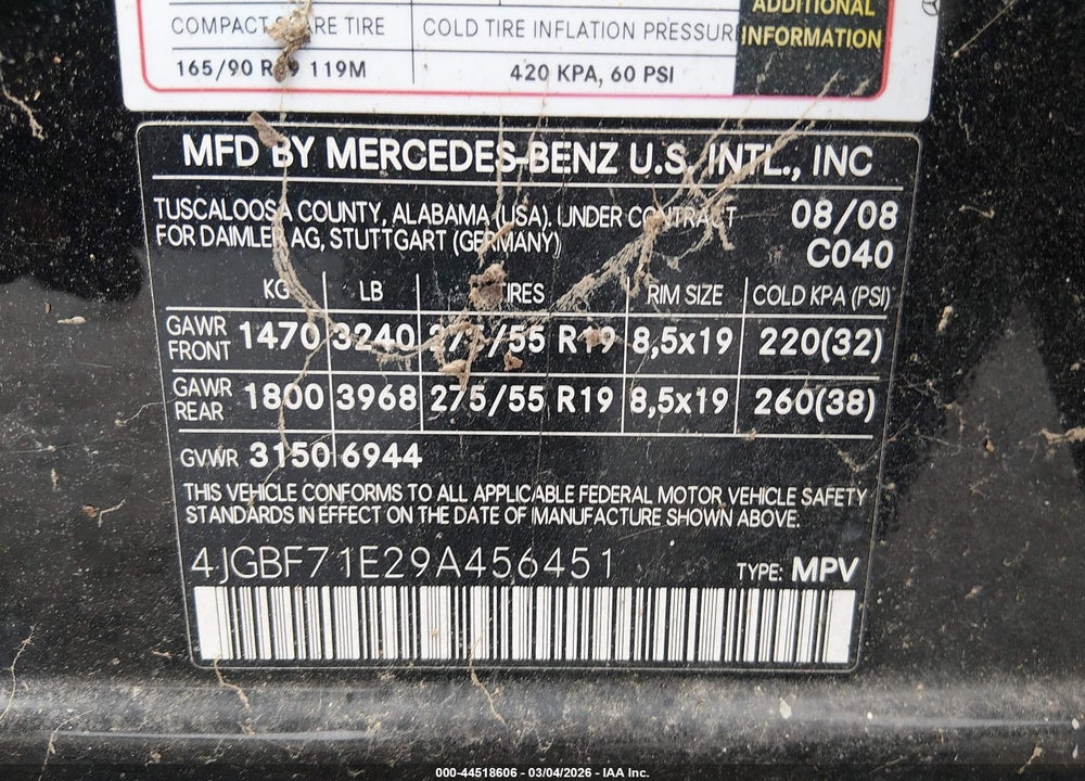 2009 MERCEDES-BENZ GL 450 4MATIC VIN: 4JGBF71E29A456451