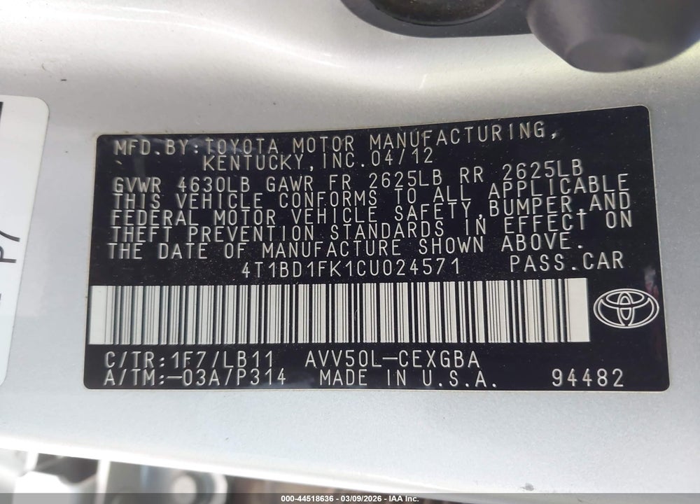 2012 TOYOTA CAMRY HYBRID XLE VIN: 4T1BD1FK1CU024571
