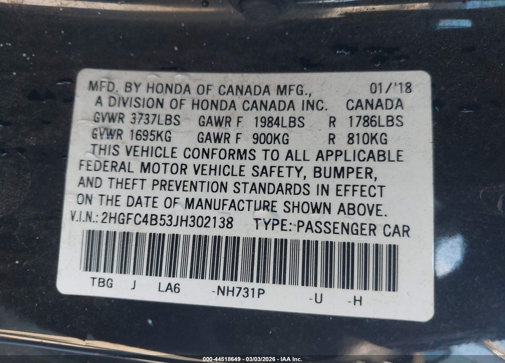 2018 HONDA CIVIC LX VIN: 2HGFC4B53JH302138