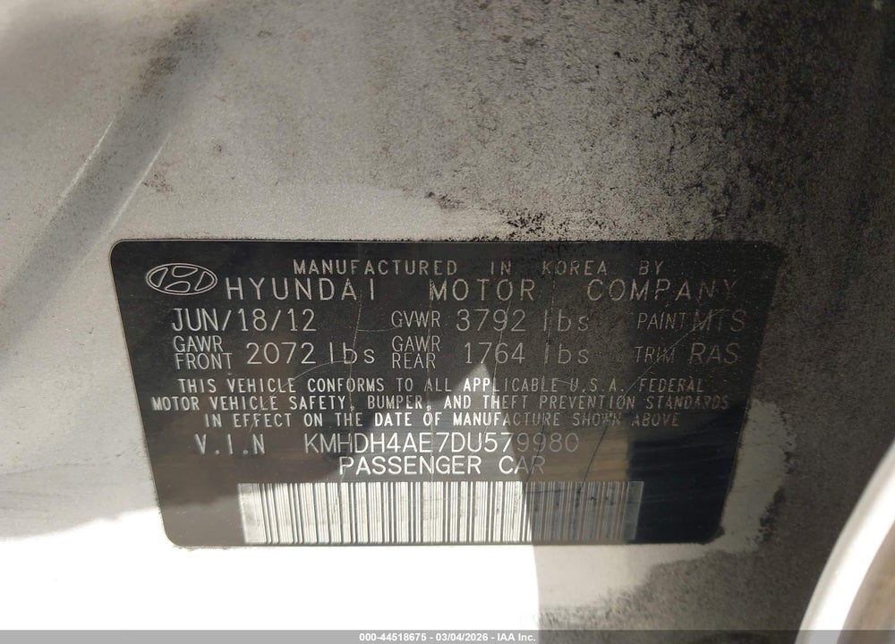 2013 HYUNDAI ELANTRA GLS/LIMITED VIN: KMHDH4AE7DU579980