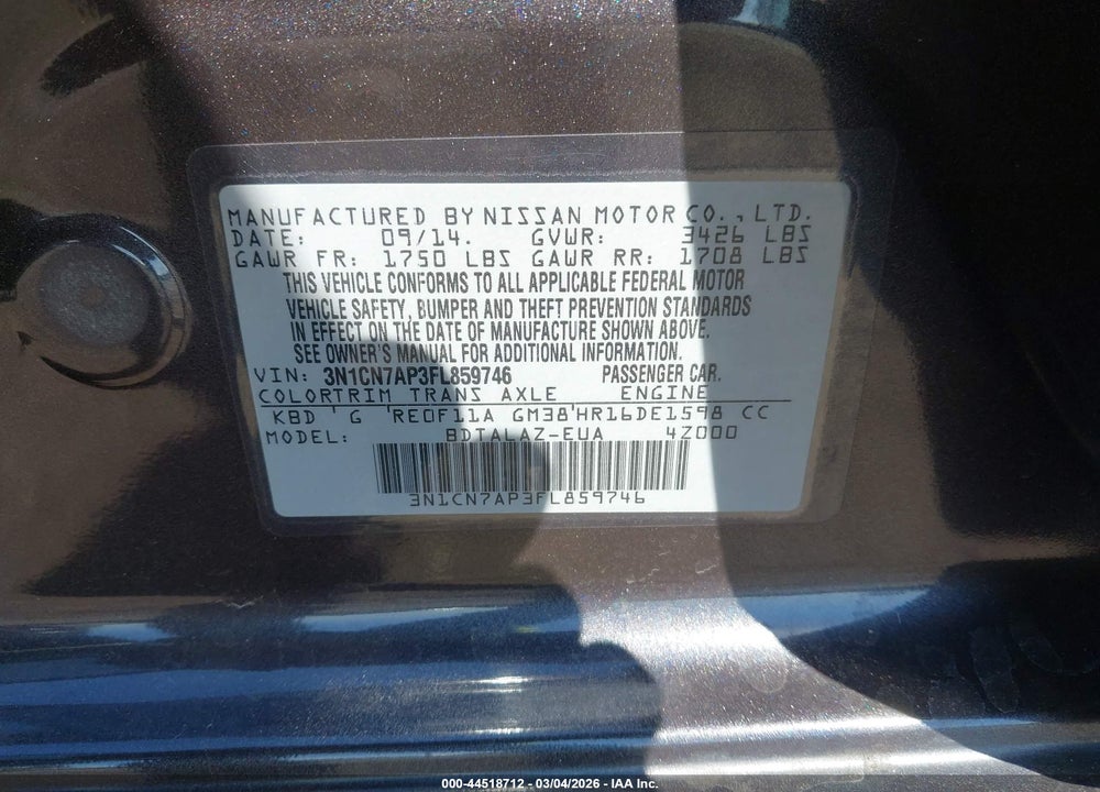 2015 NISSAN VERSA 1.6 S+ VIN: 3N1CN7AP3FL859746