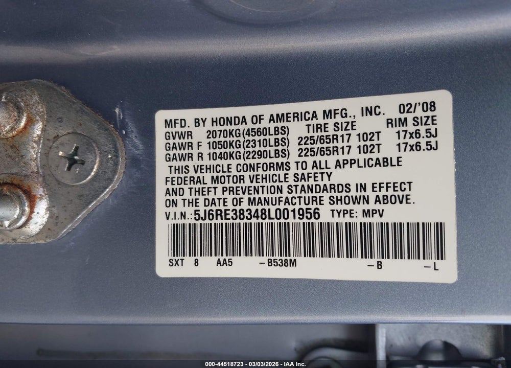 2008 HONDA CR-V LX VIN: 5J6RE38348L001956